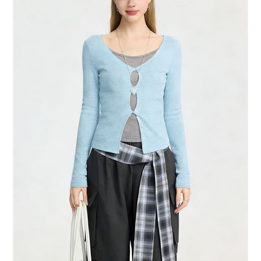 Color-Block Faux Layered Long Sleeve Slim Top