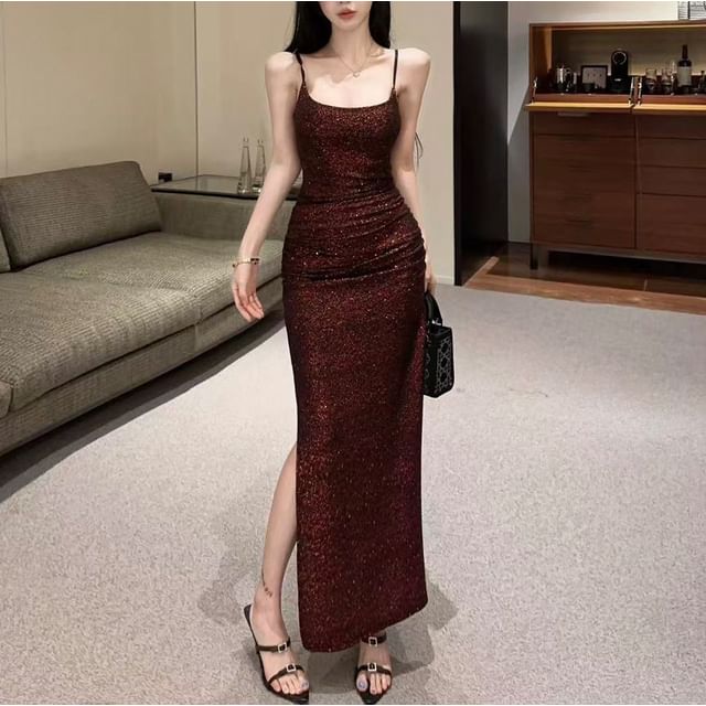 Spaghetti Strap Scoop Neck Glitter Maxi Bodycon Dress