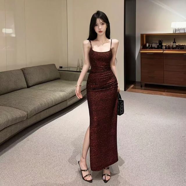 Spaghetti Strap Scoop Neck Glitter Maxi Bodycon Dress