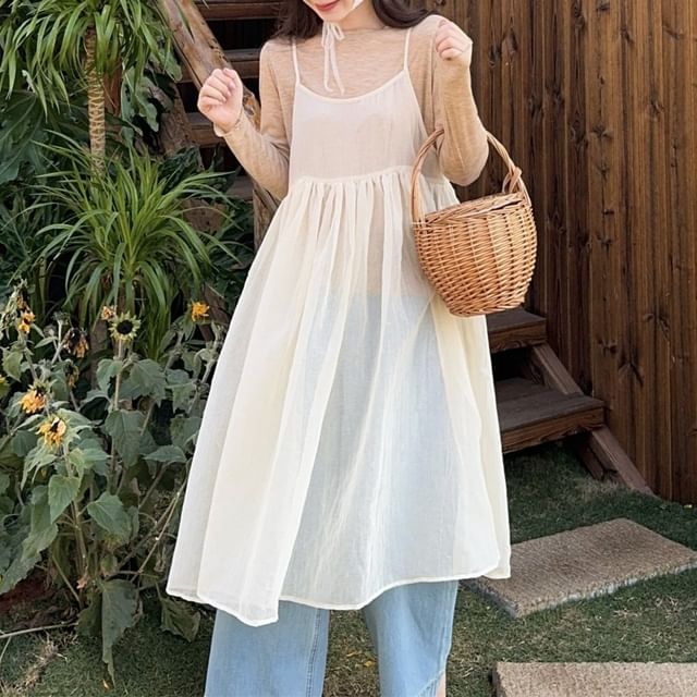 Spaghetti Strap Plain Gathered Midi A-Line Dress / Long Sleeve Mock Neck Plain Top