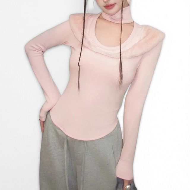 Halter Turtleneck Fluffy Panel Long Sleeve Slim Tee