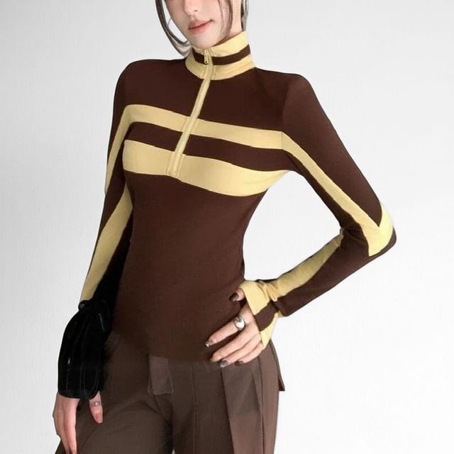 Turtleneck Half-Zip Striped Long Sleeve Fitted Tee