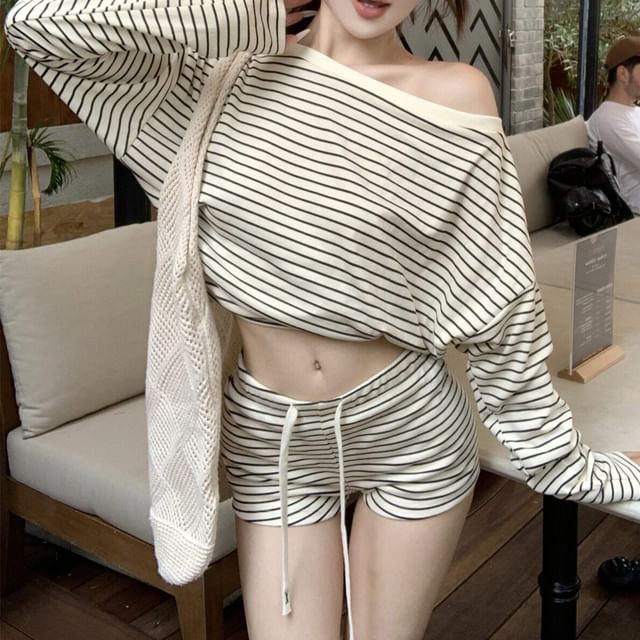 Off-Shoulder Striped Crop Tee with Drawstring Waist Shorts