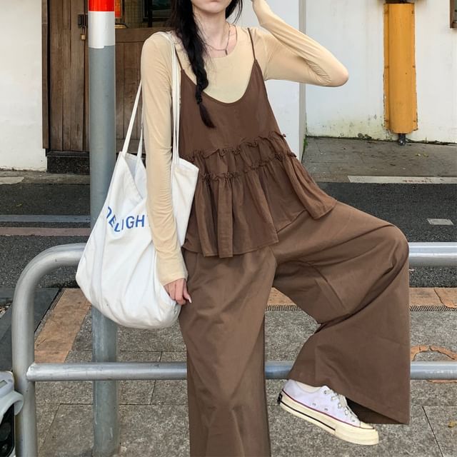 Crew Neck Tee and Frill Trim Camisole Set