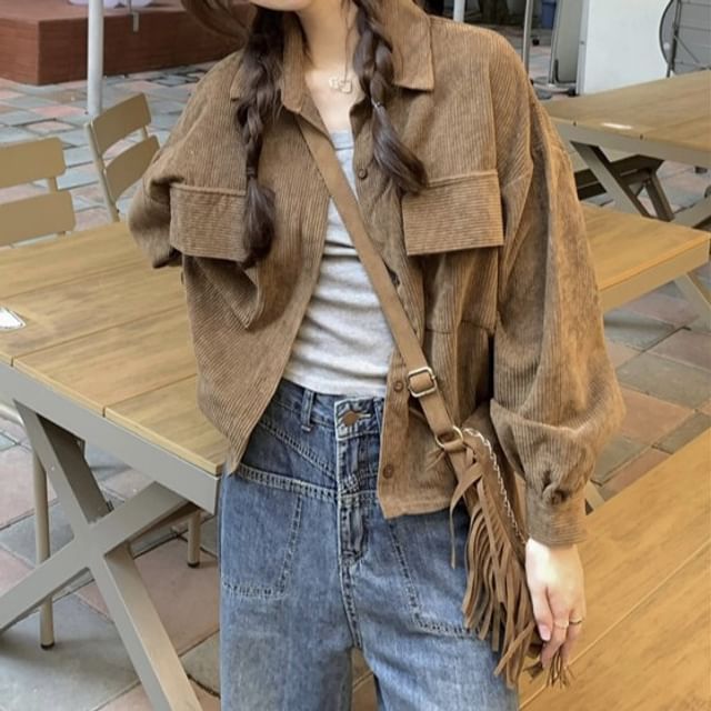 Button-Up Corduroy Crop Shirt Jacket