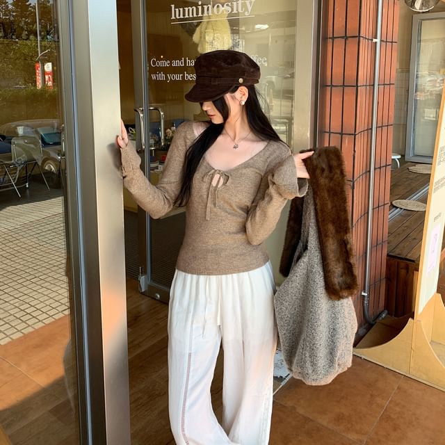 V-Neck Knit Crop Top with Tie Front and Long Sleeves