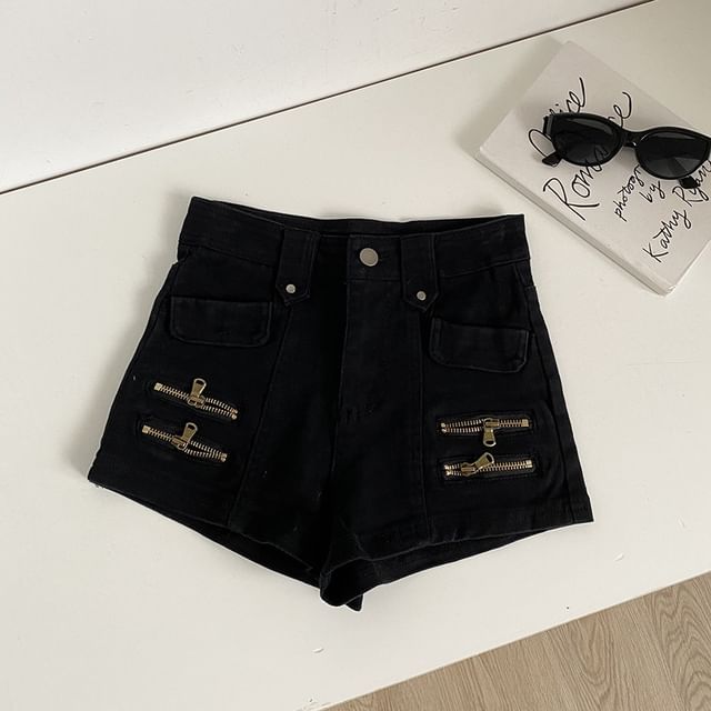 High Waist Zipped Denim Wide Leg Shorts