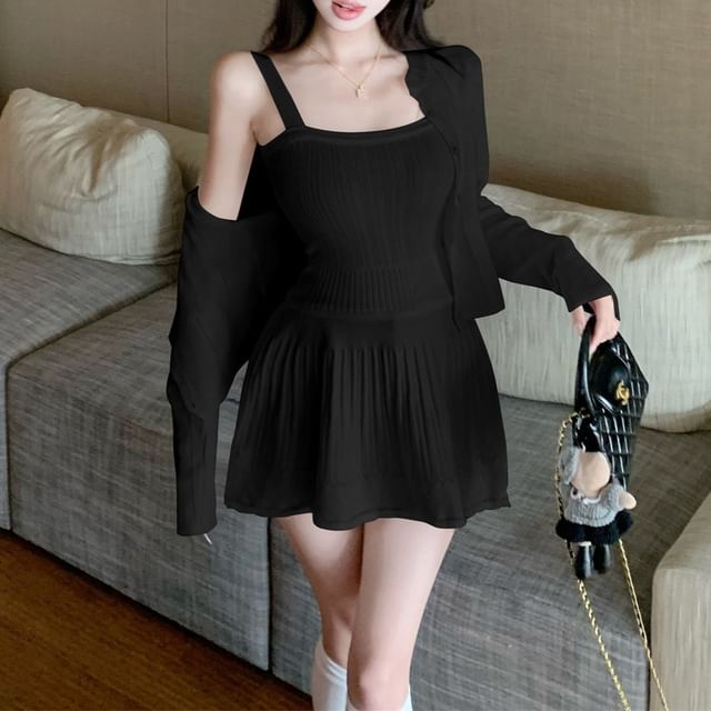 Set: Round Neck Plain Cardigan + Spaghetti Strap Scoop Neck Plain Mini A-Line Dress
