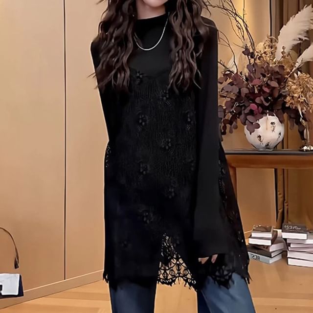 Spaghetti Strap V-Neck Plain Sheer Lace Mini A-Line Dress