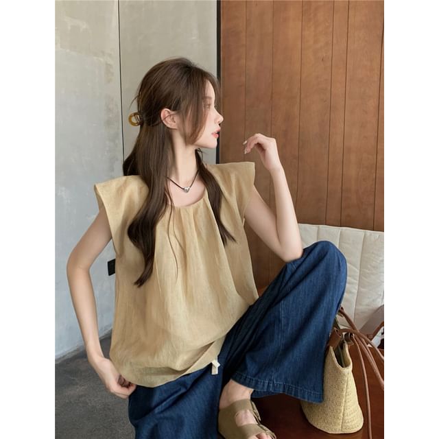 Flowy U-Neck Blouse with Cap Sleeves