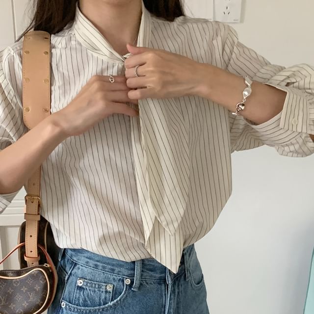 Pinstripe Tie Neck Shirt with Long Sleeves