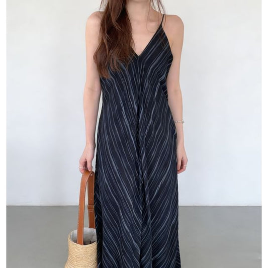Spaghetti Strap V-Neck Striped Maxi A-Line Dress