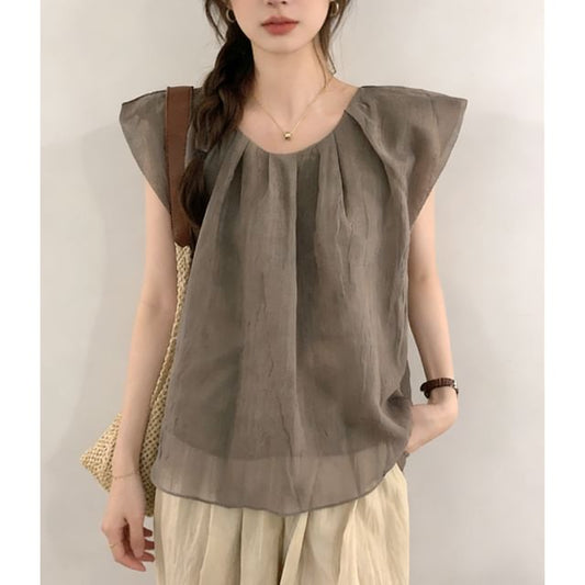 Flowy U-Neck Blouse with Cap Sleeves