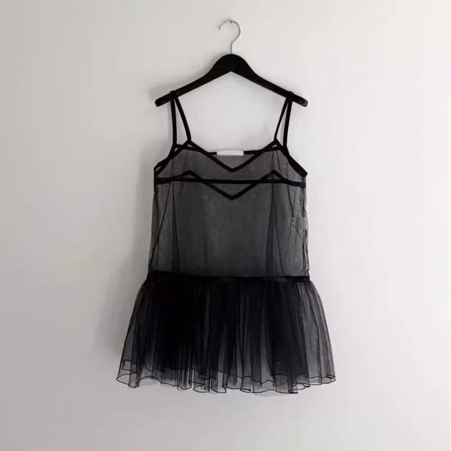 Spaghetti Strap V-Neck Mesh Mini A-Line Overall Dress