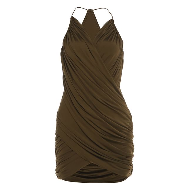 Spaghetti Strap V-Neck Plain Wrap Ruched Mini Bodycon Dress