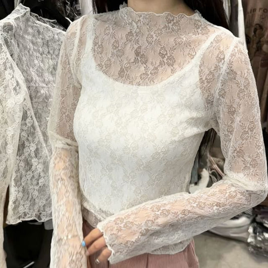 Long Sleeve Mock Neck Lace Top
