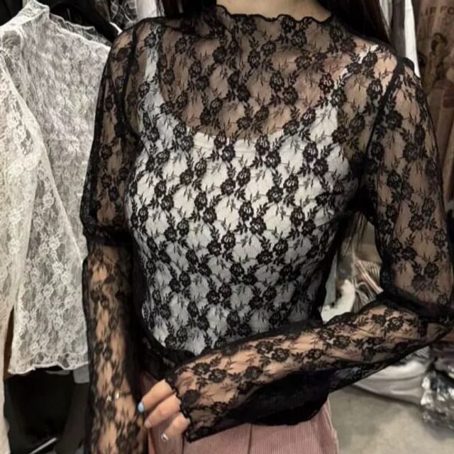 Long Sleeve Mock Neck Lace Top