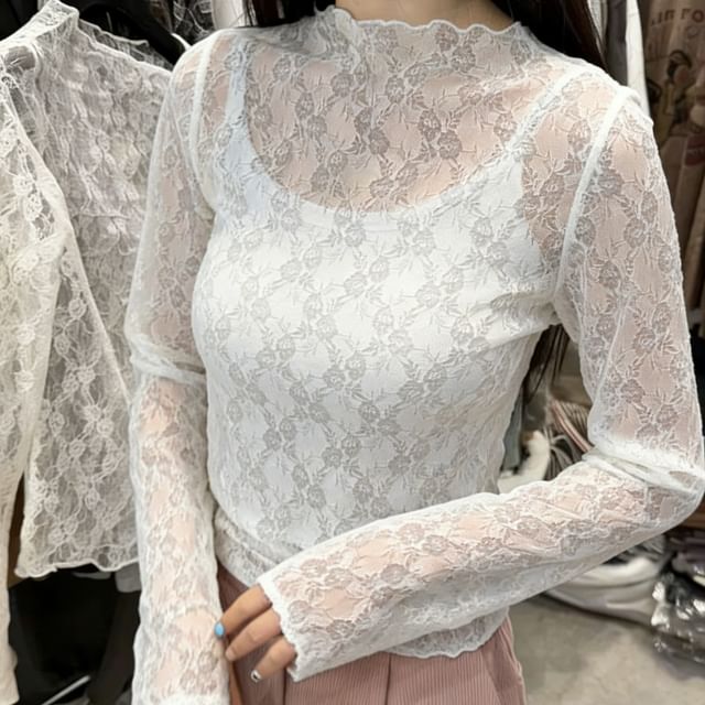 Long Sleeve Mock Neck Lace Top