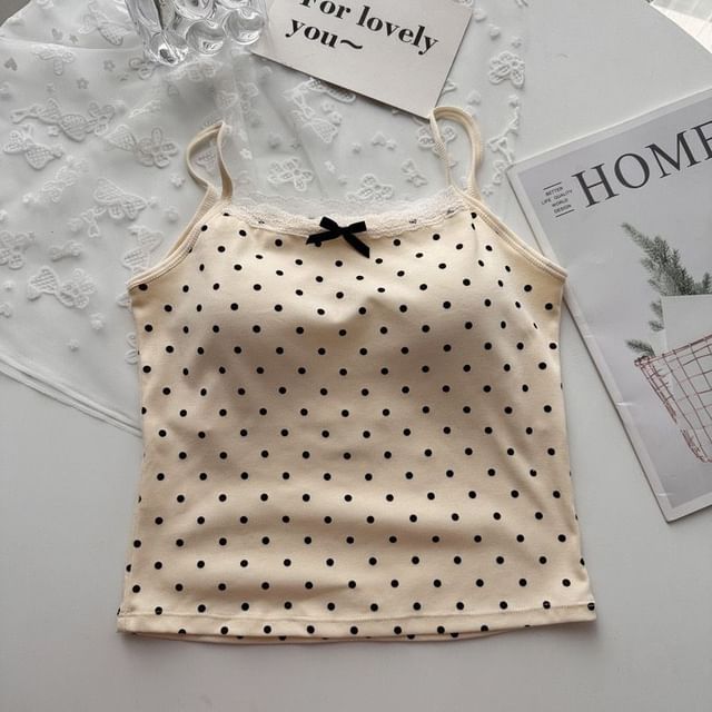 Dotted Lace Trim Scoop Neck Fitted Camisole