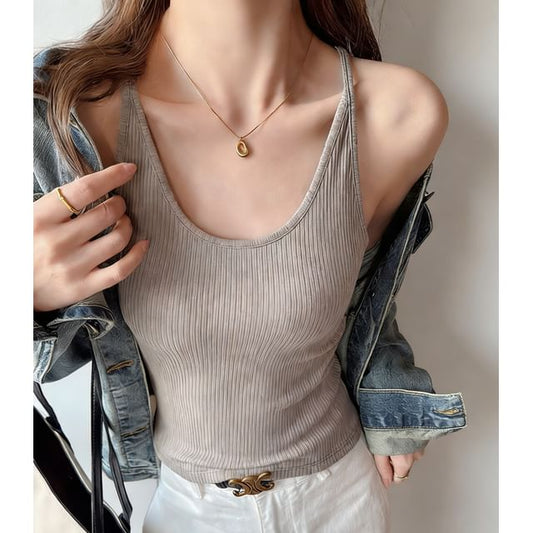 Basic Ribbed Scoop Neck Fitted Sleeveless Top