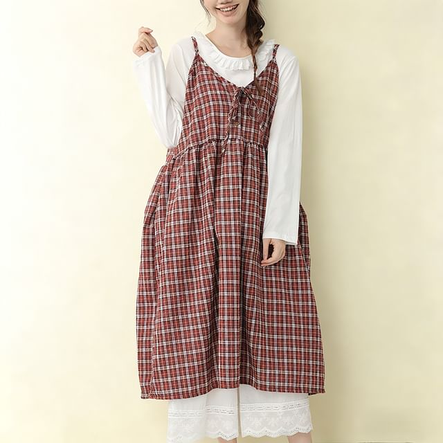 Spaghetti Strap V-Neck Plaid Tie Front Midi Overall Dress