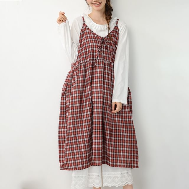 Spaghetti Strap V-Neck Plaid Tie Front Midi Overall Dress