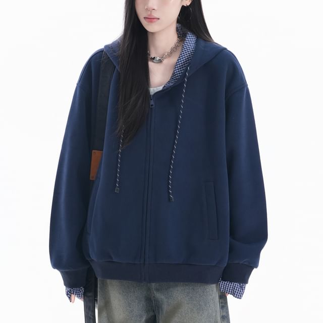 Checkered Zip-Up Hooded Jacket with Contrast Panels