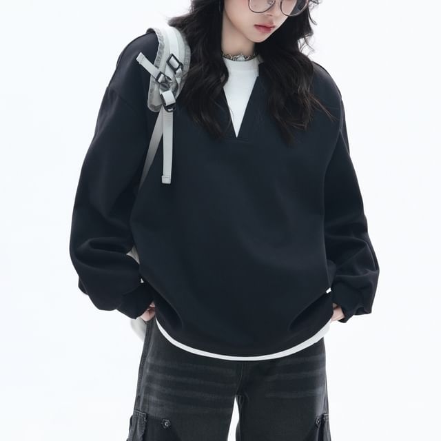 Relaxed Crewneck Sweatshirt with Faux Layered Hem