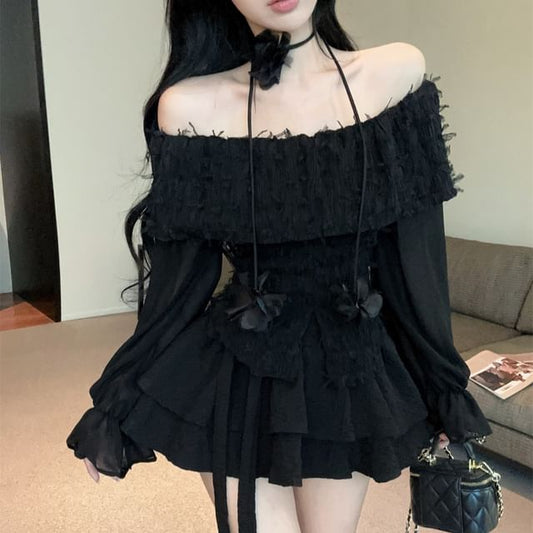 Off Shoulder Lace Top and Tiered Mini Skirt Set