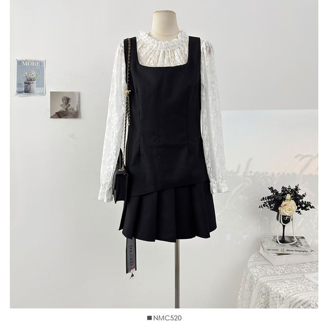Long Sleeve Mock Two Piece Lace Panel Slim-Fit Top with High Waist Mini Pleated Skirt