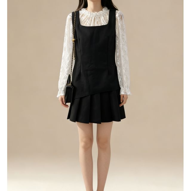 Long Sleeve Mock Two Piece Lace Panel Slim-Fit Top with High Waist Mini Pleated Skirt