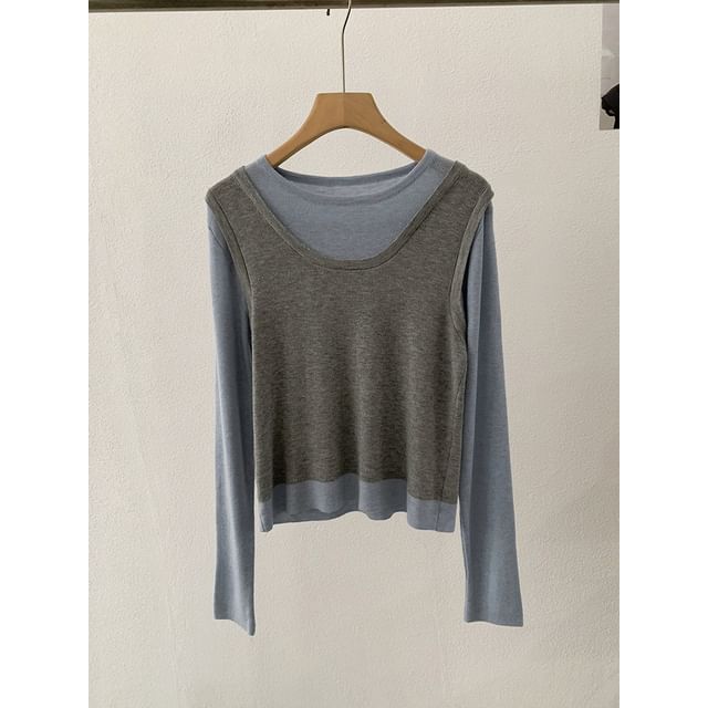 Two-Tone Knit Top with Mock Two-Piece Design