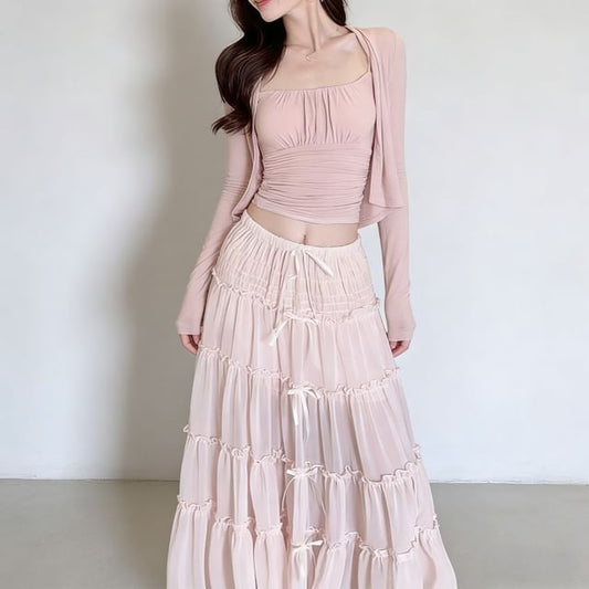 Plain Ruched Crop Camisole Top / Drawstring Waist Frill Trim Sheer Maxi A-Line Skirt / V-Neck Button-Up Cardigan