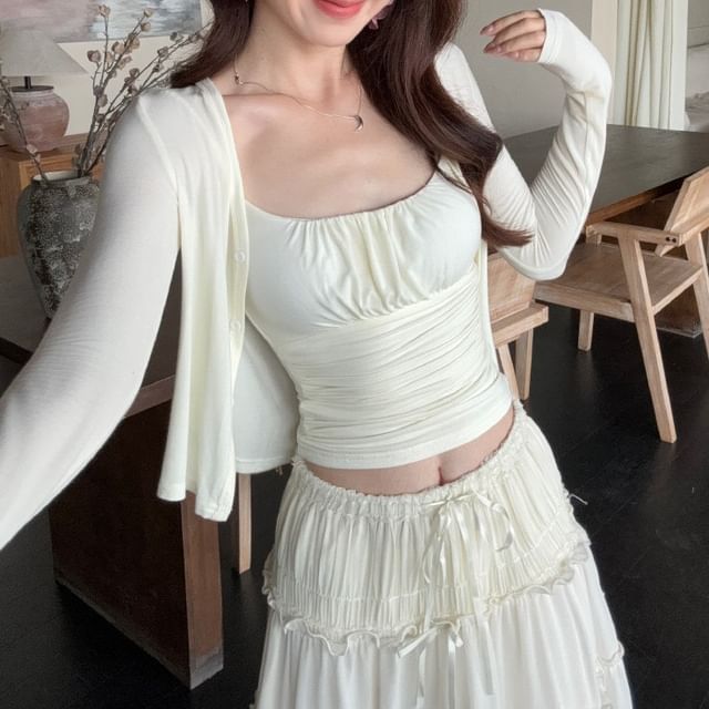 Plain Ruched Crop Camisole Top / Drawstring Waist Frill Trim Sheer Maxi A-Line Skirt / V-Neck Button-Up Cardigan