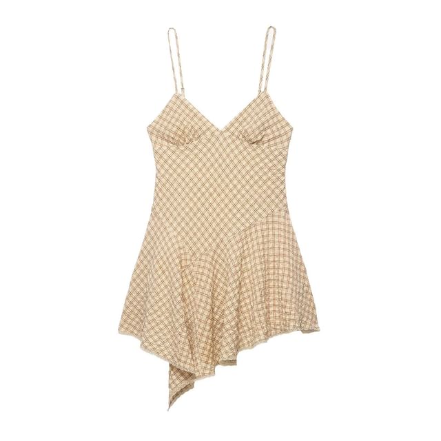 Spaghetti Strap V-Neck Plaid Asymmetrical Mini A-Line Dress
