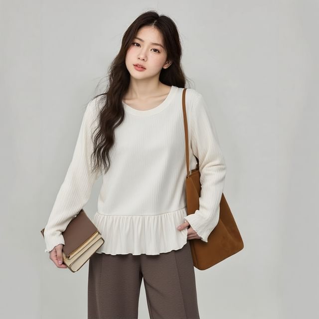 Ruffle Round Neck Top with Long Sleeves