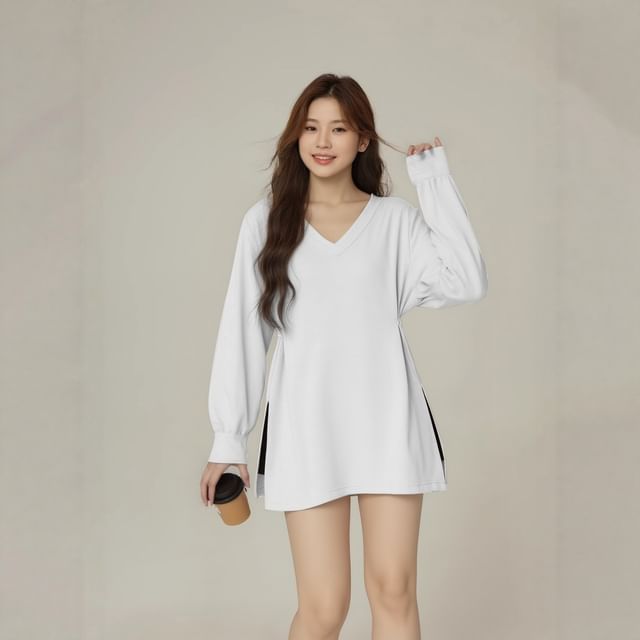 V-Neck Slit Tee with Long Sleeves
