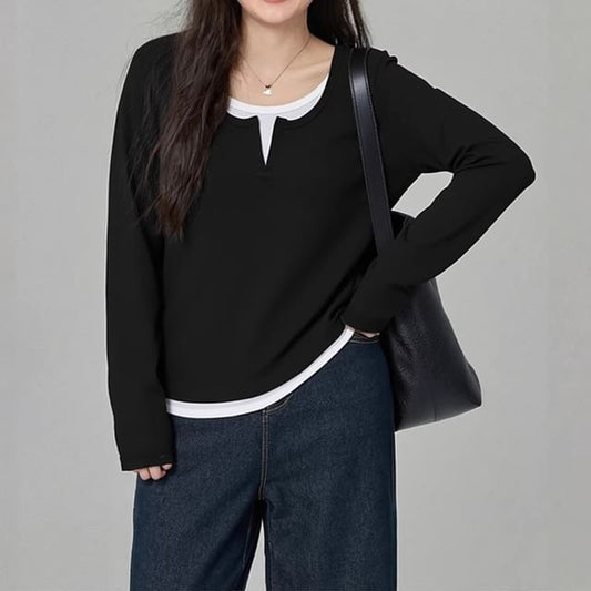 Mock Two-Piece Round Neck Tee with Long Sleeves