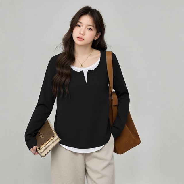 Mock Two-Piece Round Neck Tee with Long Sleeves