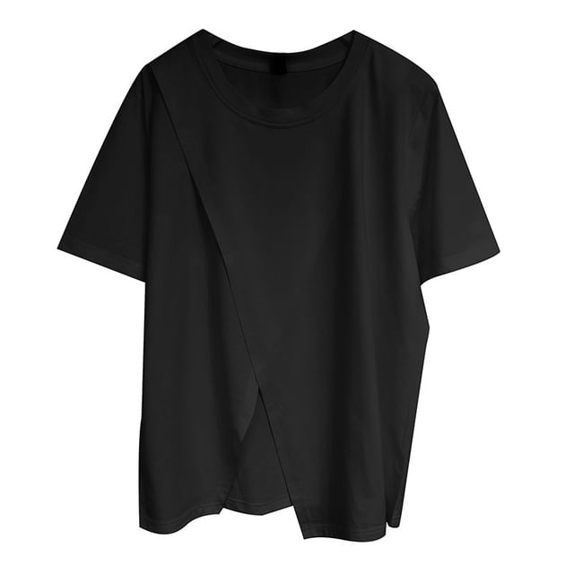 Slit Panel Round Neck Tee with Short Sleeves