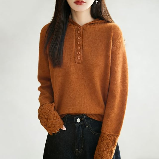 Henley Lace Cuff Hooded Knit Top Long Sleeve