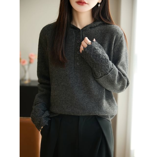 Henley Lace Cuff Hooded Knit Top Long Sleeve