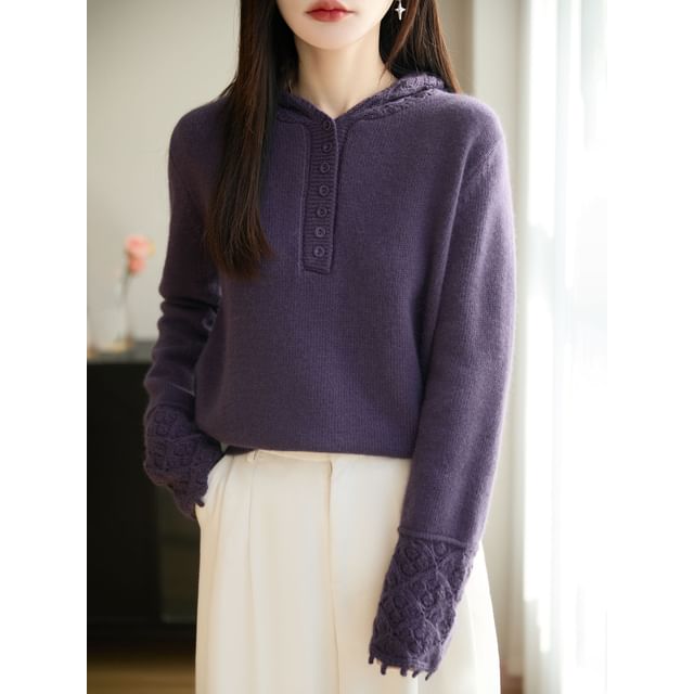 Henley Lace Cuff Hooded Knit Top Long Sleeve