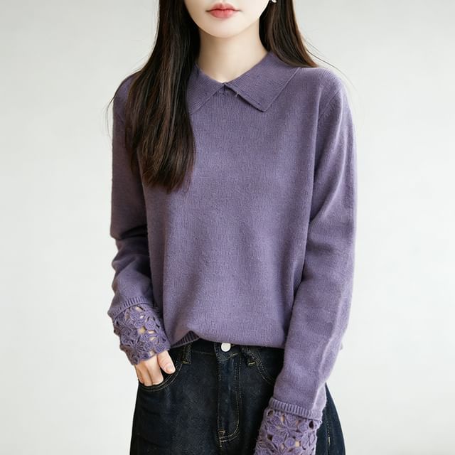 Knit Polo Top with Lace Cuff Sleeves