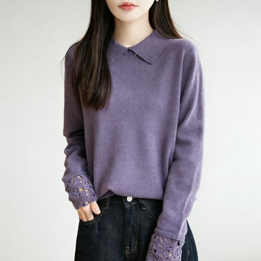 Knit Polo Top with Lace Cuff Sleeves