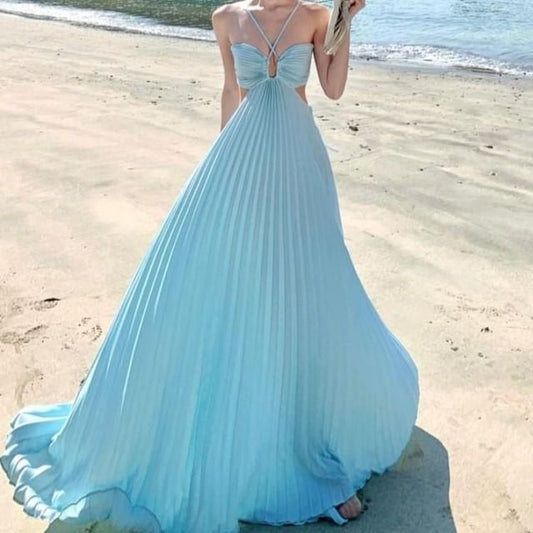 Spaghetti Strap Plain Cutout Pleated Maxi A-Line Dress