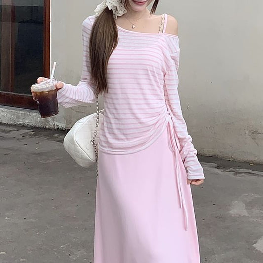 Long-Sleeve Off Shoulder Striped T-Shirt / Spaghetti Strap Maxi A-Line Dress