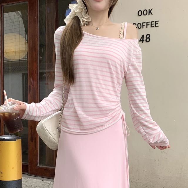 Long-Sleeve Off Shoulder Striped T-Shirt / Spaghetti Strap Maxi A-Line Dress