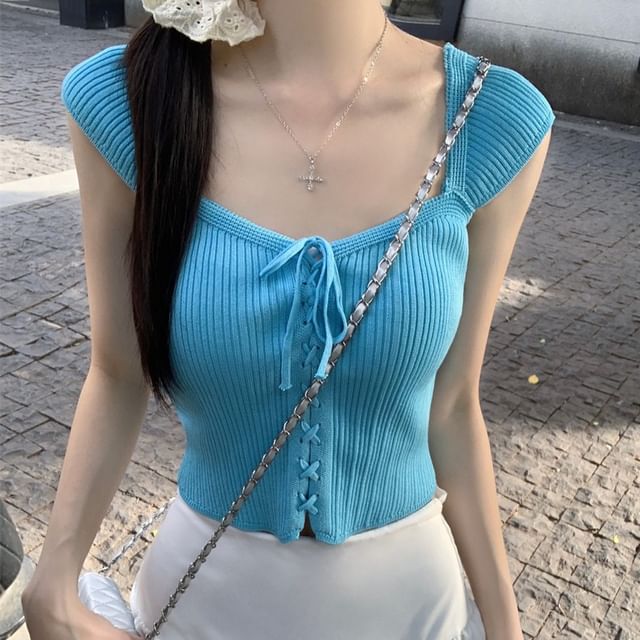 Cap Sleeve V-Neck Lace Up Ribbed Knit Top