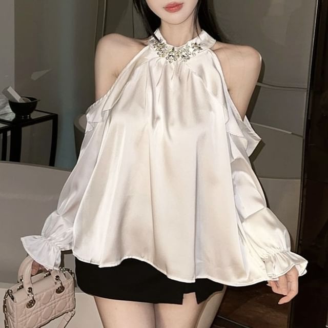 Rhinestone Cold Shoulder Crewneck Long Sleeve Blouse